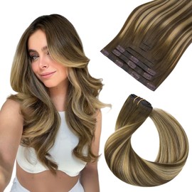 HOTBANANA Invisi Edge Clip in Hair Extensions, 18inch 130g Injected Seamless Clip in Extensions 7Pcs Balayage Chocolate Brown with Honey Blonde Real Human Hair PU Hair Extensions