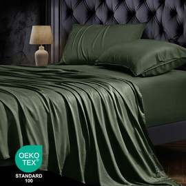 ONLYSET 18-24 Inch Extra Deep Pocket King Size Sheets Set, 100% Viscose Derived from Bamboo Sheets King Size Bed Sheets, 4Pcs Soft Forest Green Cooling Sheets for Hot Sleepers