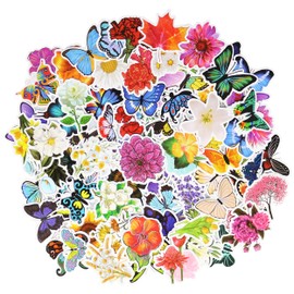 100 Pcs Waterproof Vinyl Flower Butterfly Laptop Phone Water Bottle Stickers Pack(Flower 50 Pcs and Butterfly 50 Pcs)