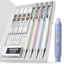 Nicpro Cute Mechanical Pencil Set, 4PCS 0.5 & 0.7 mm Pastel Drafting Pencils with 4 Tube HB Lead Refills, 4B Erasers, Rotary Retractable Eraser, Eraser Refill for Writing Sketching School Supplies