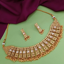 Efulgenz Indian Jewelry Sets for Women Crystal Choker Necklace Dangle Earrings Set Indian Bridal Jewelry Set for Wedding Kundan Faux Pearl Necklace Dangle Earrings with Fashion Bollywood Jewelry