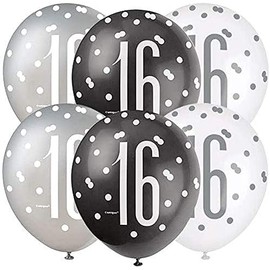 Deluxe 16th Birthday Glitz Latex Balloons - Elegant Black, Silver & White Combo - Elegant Party Decor for Age 16 Celebrations - 6 Pcs
