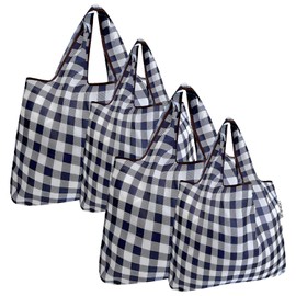 allydrew Large & Small Foldable Tote Nylon Reusable Grocery Bags, Set of 4, Black Checkers