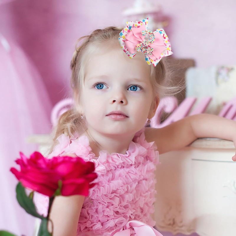 2PCS 2nd Birthday Hair Bows for Girls, 3.5" Glitter Pink