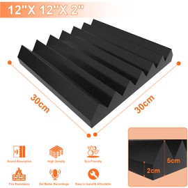 12 Pack Acoustic Foam Panels, 2" X 12" X 12" Sound Proof Foam Panels for Wall, High Density and Fire Resistant Acoustic Panels, Sound Proofing Padding for Studio, Office, Gaming Room (Black)