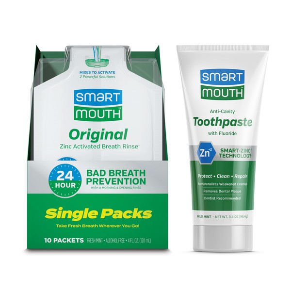 TSA Approved Travel Toothpaste and Oral Rinse, SmartMouth Original Activated Oral Rinse Travel Packs and Travel Size Premium Toothpaste, 3.4 Ounce