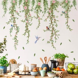 Green Ivy Wall Decals, Removable Wall Stickers with Flowers and Birds