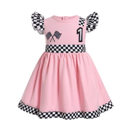 ODASDO Racing Car First Birthday Outfit Girls Baby Fast One Year Old Party Dress Vintage Race Car 1st Birthday Decoration Checkered Flutter Sleeve A-line Ruffle Skirt Photo Shoot Pink 9-12 Months
