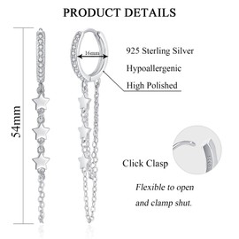 Josfeva Women's Hoop Earrings, 925 Sterling Silver Huggie Drop Earrings with Zirconia, Hypoallergenic Star Tassel Chains Dangle Hoops Earrings, White Gold Hoop Hanging Earrings for Birthday Party Gift