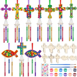Colingmill 30 Pack Sunday School Cross Wind Chime Kit Make Your Own Vbs Wind Chimes Bulk Religious DIY Coloring Christian Wooden Crafts for Easter Lent Church Art Party Favors
