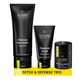 Lumin Lumin - Boss Trio - Daily Face Moisturiser, Charcoal Scrub Deep Detox & Dark Circle Defense Balm, Men's Skin Care Kit, Banish Dark Circles, Puffiness, Clogged Pores, Suitable for all skin types