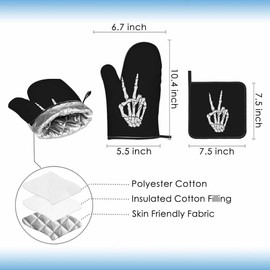 Samgula Hand Skeleton Oven Mitts and Pot Holders Sets Victory Gesture Peace Sign Oven Mitt Heat Resistant 3pcs for Kitchen Cooking Baking BBQ