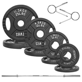 Fitvids Olympic Cast Iron 2-Inch Weight Plates Including 5FT Olympic Barbell Bar & Safely Locks, 100 Pounds Set (85 Lbs Plates + 15 Lbs Barbell Bar), Multiple Packages