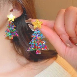 Charm Buddy Sparkly Glitter Sequin Christmas Tree Stud Dangle Earrings Womens Girls Christmas Jewellery Christmas Party Secret Santa Present (1. Multicolour Sequin)