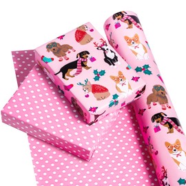 WRAPAHOLIC 30 Inch Jumbo Reversible Dog Christmas Wrapping Paper - 30 Inch x 33 Feet - Pink Christmas Dog Wrapping Paper and Polke Dot Design for Holiday, Puppy Party Celebration