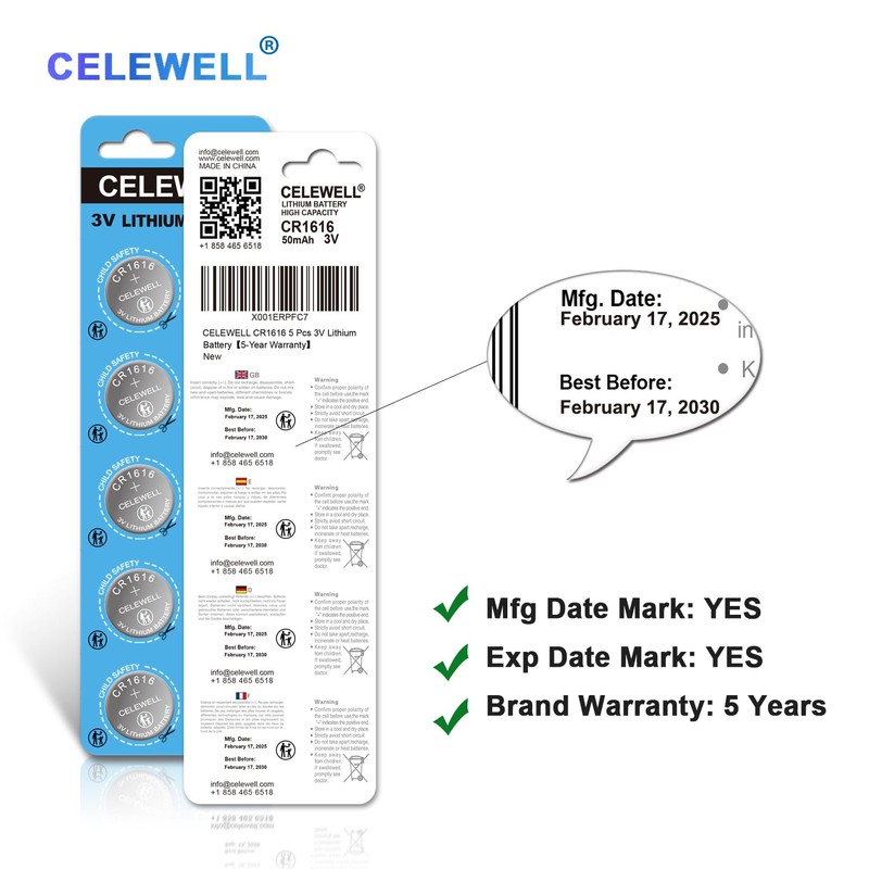 CELEWELL CR1616 5 Pcs 3V Lithium Battery【5-Year Warranty】