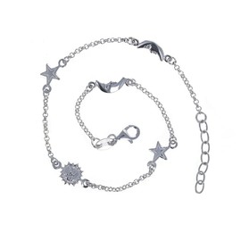Mayas Gems Sterling Silver, Sun Moon and Star Anklet, Mini Rolo Chain, Celestial, Charm Anklet