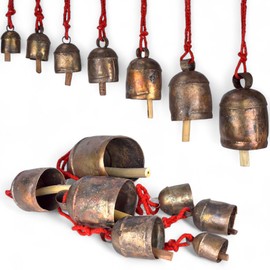 Handmade Rustic Bell Wind Chimes Outdoor 7 Hanging Bells on Rope Brass Plated Iron Bells for Door Patio Farmhouse Decor Christmas Ornaments Boho Hanging Bell