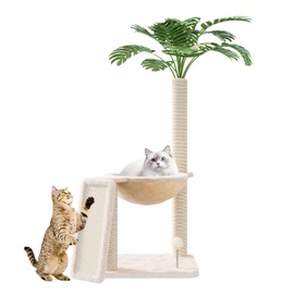 Small Cat Tree, Green Cat Tree with Scratching Post, Hammock Toy Ball and Palm Leaves for Kittens, Cat Tower for Indoor