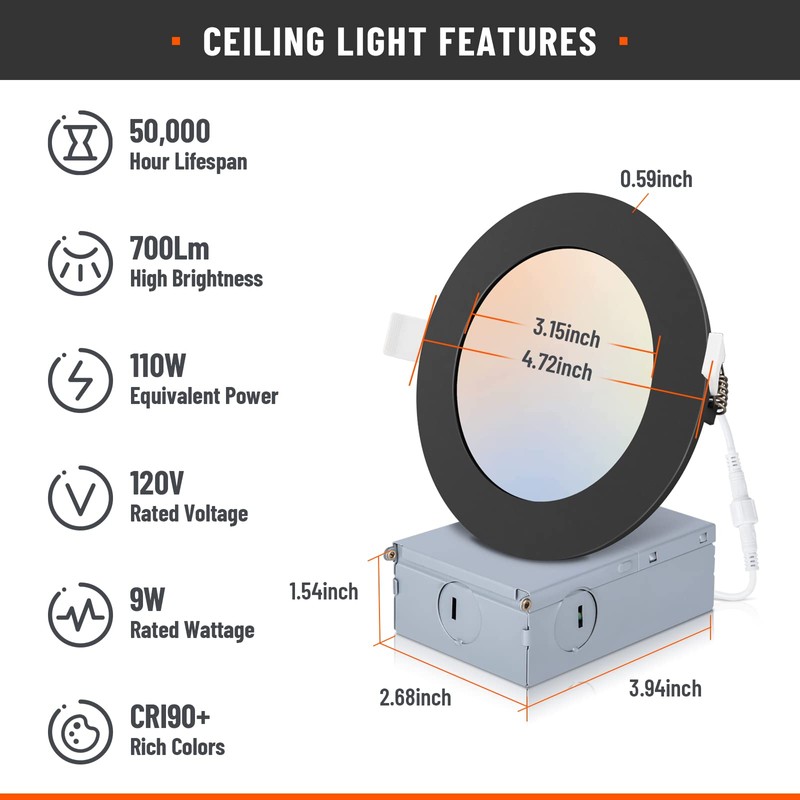 6 Pack Recessed Lighting 4 Inch with Junction Box, 5CCT