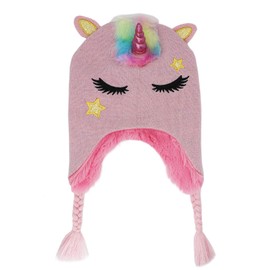 Kids Girls Winter Unicorn Beanie Hat Shining Glitter Knitted Earflap Fleece Lined Cap Toddler Little Girls Pink