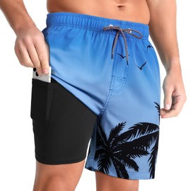 zeetoo Mens Swim Trunks with Compression Liner 5" Inseam Quick Dry Beach Shorts with Zipper Pockets Gradient-Palm-Sky Blue 2XL