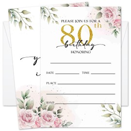 GOODBANER 80th Rose Birthday Invitation for Women, Birthday Invitation With Envelopes, 80 Years Old Birth Invites for Adult, 20 Pcs Birth Invite Cards Party Celebration Supplies /03