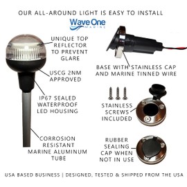 Wave One Marine | Adjustable Telescoping All-Around Anchor Light With Base | LED Boat Pole Aft Stern Navigation USCG 2NM | 12 Volt DC | 360 Night Nav Waterproof 28"-42"