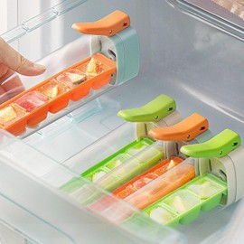 2Pcs Ice Cube Mold with One Hand Press, 6 Grid Ice Cube Tray Cup, Single Handed Pressing Ice Maker, Mini Plastic Ice Making Box for Juice, Drinking (Orange+Green)