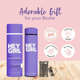 Hey Girl Tea Infuser Bottle 450ml - Insulated Stainless Steel Water Bottle - Thermos Tea Tumbler with Tea Diffuser - Portable Travel Mug for Loose Leaf Tea & Infused Water - Tea Lovers Gifts for Women