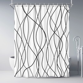 Punkray Black and White Striped Wavy Line Fabric Shower Curtain for Bathroom with 12 Hooks, Extra Long Shower Curtains for Bathroom 84 Inches Long, Weighted Hem,Waterproof Bath Accessories