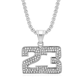 Bling Iced Out Sparkly Link Chain with Number Pendant,Chunky Diamond Cubic Zirconia Basketball Charm Gold Plated/Silver NO.23 Necklace for Men,Titanium Steel Athletes Sports Team Hip-hop Jewelry