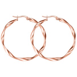 day.berlin Celio Women's Creole Earrings 35 mm Diameter 18 Carat Gold-Plated Twisted Earrings 2 mm Thick 316L Stainless Steel Waterproof and Nickel-Free, Stainless Steel, No Gemstone