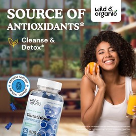 Wild & Organic L Glutathione Gummies - Reduced Glutathione 500mg for Antioxidant Support - Liver Cleanse Detox Supplement - 60 Vegan, Non-GMO, Pectin-Based Chews