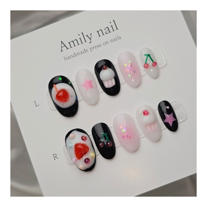 Cherry Cupcake [Handmade Nail Tips] Emily Nail - Long Square