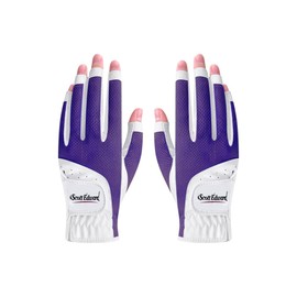 Scott Edward 1 Pair Open-finger Women's Golf Gloves 2 Pack Left Right Hand Lady Fingerless Golf Gloves PU and Microfiber Breathable Mesh Fabric Cool and Comfortable (Purple,18)