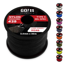 GO!elements 30 m Paracord Rope Made of Tear-Resistant Nylon - 3 mm Paracord 425 Type II Max. 192 kg - Cords as Outdoor Rope, All-Purpose Rope, Survival Rope, Bracelet, Dog Lead, Nylon Cord, Colour: