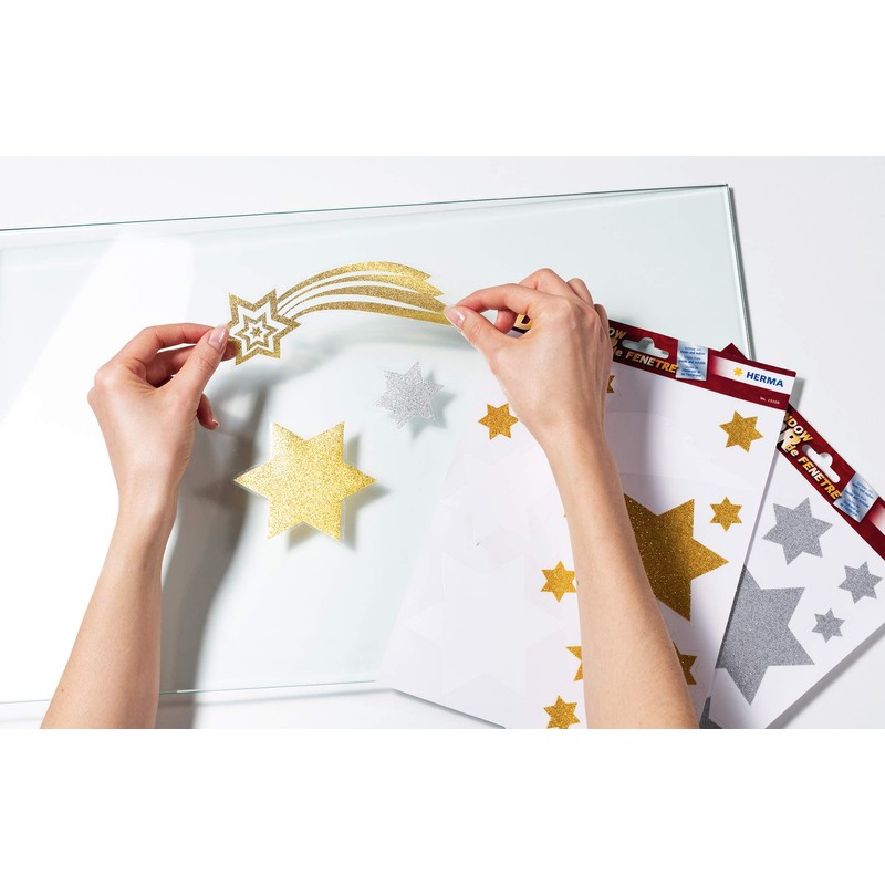 HERMA 45 Christmas Silver Star Stickers for Windows with Glitter
