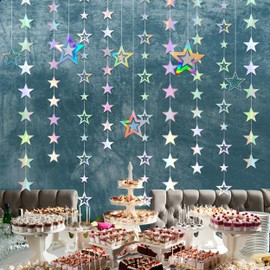 Iridescent Star Decoration Sets, 39.3 Ft Iridescent Star Garland and 7Pcs Hanging Star, Holographic Hanging Twinkle Little Star Streamer Bunting Banner for Birthday Wedding Party