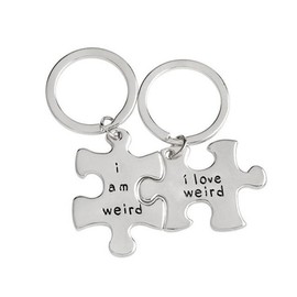 Meiligo® Fashion 2 Pcs Couples Gift Alloy I Am Weird I Love Weird Puzzle Tag Necklace Key Chain Best Friends Letter Puzzle Square Pendant Matching Engraved Necklace Set (Key Chain - Silver)