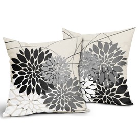 Black Pillow Covers 18x18 Inch Dahlia Flower Black White Gray Grey Colored Pillow Case Farmhouse Outdoor Decor for Home Bedroom Living Room Spring Summer Floral Linen Square Cushion Cover, Set of 2