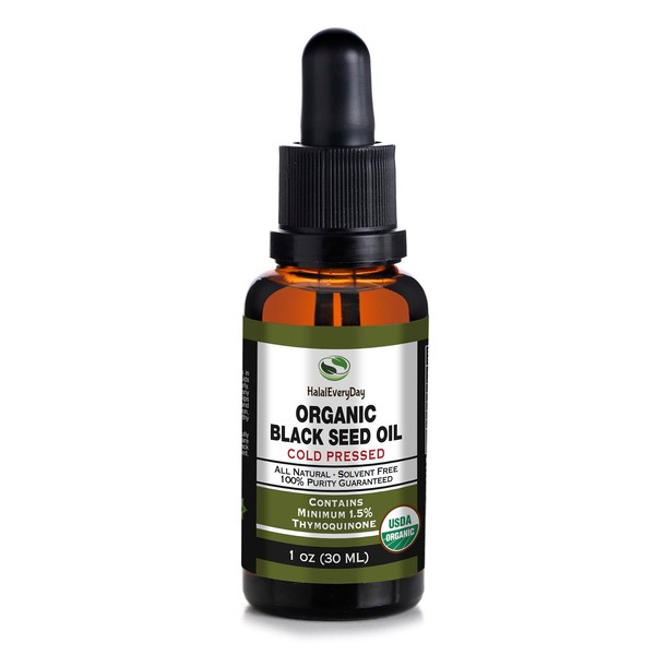 Organic Black Seed Oil - USDA Certified Cold Pressed Glass Bottle Over 1.5% Thymoquinone 3X strength Turkish Black Cumin Nigella Sativa non-GMO 100% Pure Blackseed Oil (1oz Dropper Bottle)