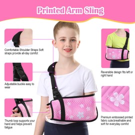 Fotgok Kids Arm Sling for Shoulder Immobilizer Injury with Rotatable Buckle, Cute Embossed Printed Fabric Arm Brace for Girls, Medical Shoulder Brace for Children (Pink, Large)