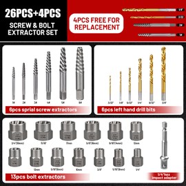 30PCS Screw Extractor Set & Bolt Extractor Set, Left Hand Drill Bit Set, Easy Out Extractor Set，Stripped Bolt Remover Tools，Cobalt HSS Steel Kit for Damaged, Rounded-Off Bolts, Screws, Nuts, Studs