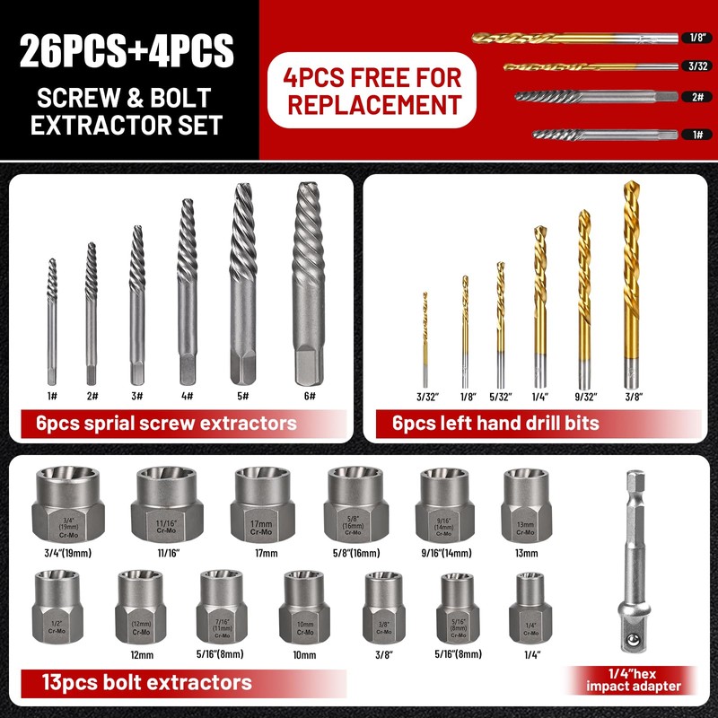 30PCS Screw Extractor Set & Bolt Extractor Set, Left Hand