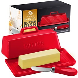 Ceramic Butter Dish Set with Lid and Knife -Red- Decorative Butter Stick Holder with Handle for 1 Stick of Butter - Microwave Safe, Dishwasher Safe - Anti-Scratch Stickers Included