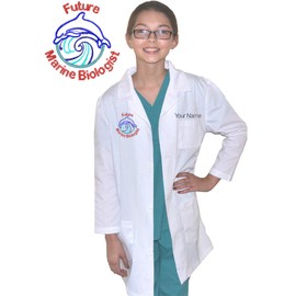 Custom Kids Science Lab Coat with Embroidered Name and Marine Biologist Dolphin Embroidery Design Size 5/6 White