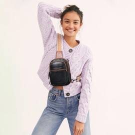 LATMAP SMALL Sling Bag Fanny Packs For Women Men Mini Crossbody Chest Belt Travel Bag Purse Handbag Faux Leather Fashion Cute,Black with Brown