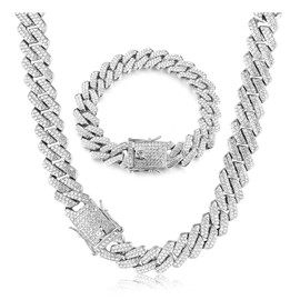 KRFY Cuban Link Chain Iced Out for Men 14MM Miami Cuban Link Choker Necklace Bracelet Set 18K Gold Plated Bling Bling Diamond Chain Bracelet Hip Hop Jewelry for Boys Women 41/51/56cm
