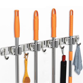 CUXIXA Mop and Broom Holder Wall Mount, Upgraded Broom Organizer Wall Mount, Stainless Steel Broom Hanger Wall Mount for Home Kitchen Garden Laundry Garage (4 Racks with 5 Hooks Silver)